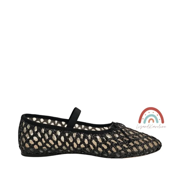 New! Loeffler Randall Leonie Black Crochet Woven Raffia Leather Ballet Flat - Picture 7 of 16
